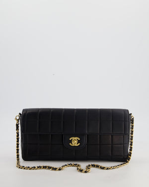 Black Vintage East West Chocolate Bar Flap Bag In Lambskin Leather with 24K Gold Hardware