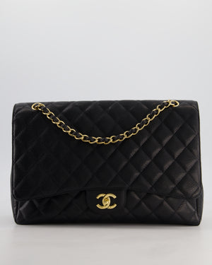 Black Maxi Classic Single Flap Bag in Caviar Leather with Gold Hardware