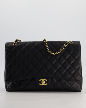 Black Maxi Classic Single Flap Bag in Caviar Leather with Gold Hardware