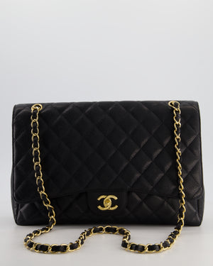 Black Maxi Classic Single Flap Bag in Caviar Leather with Gold Hardware
