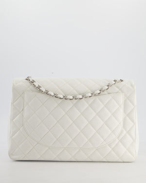 White Maxi Classic Single Flap Bag in Caviar Leather with Silver Hardware