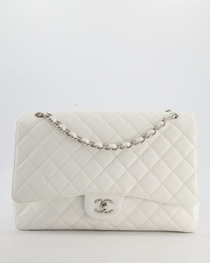 White Maxi Classic Single Flap Bag in Caviar Leather with Silver Hardware