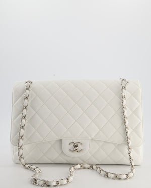 White Maxi Classic Single Flap Bag in Caviar Leather with Silver Hardware