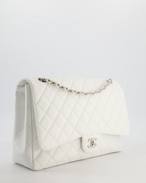 White Maxi Classic Single Flap Bag in Caviar Leather with Silver Hardware
