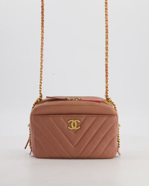 Dusty Pink Camera Bag in Chevron Lambskin Leather with Brushed Gold Hardware and Multicolour Leather Strap