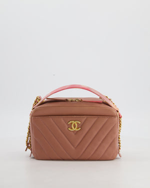 Dusty Pink Camera Bag in Chevron Lambskin Leather with Brushed Gold Hardware and Multicolour Leather Strap