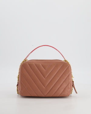 Dusty Pink Camera Bag in Chevron Lambskin Leather with Brushed Gold Hardware and Multicolour Leather Strap