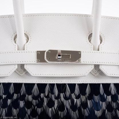 Vintage Hermes Birkin 30 White Epsom with Custom Feather Panel & Palladium Hardware - 2010, N Square