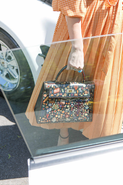 Vintage Hermes Kelly 28 Sellier Black Box Painted "Qashqai" Design with Gold Hardware