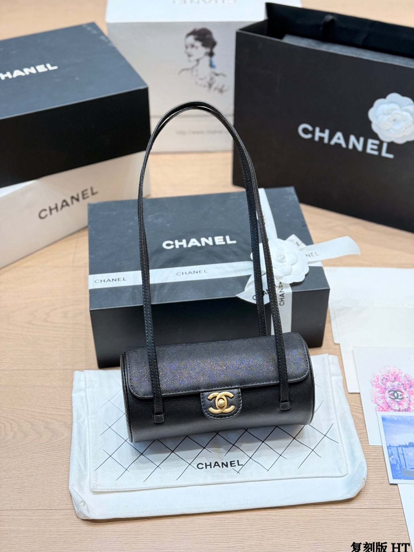Chanel 26P Black Gold Cylindrical Bag