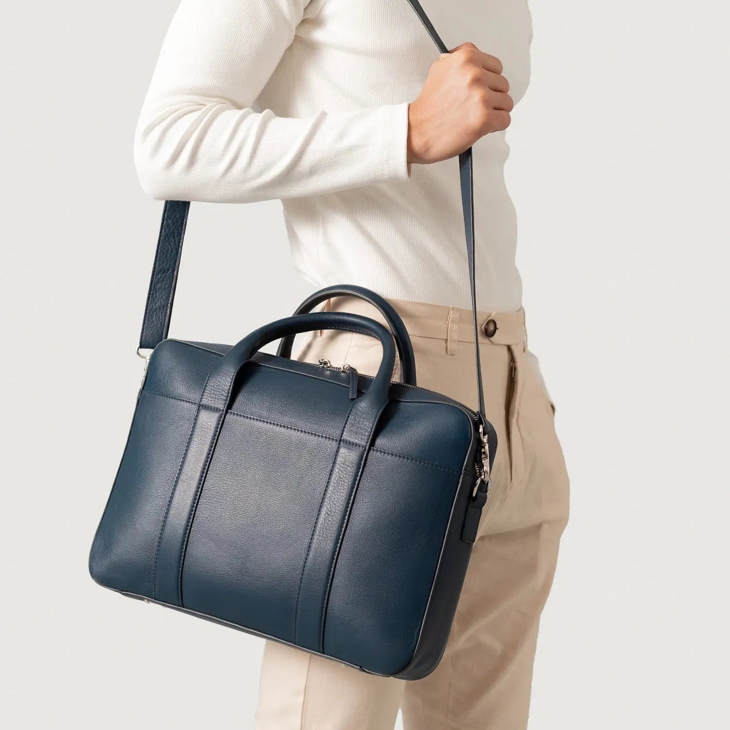 Captain Midnight Blue Leather Briefcase with Structured Carry Design - Fold Peaks