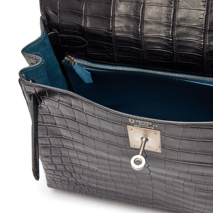 Black Matte Niloticus Crocodile and Bleu Colvert Verso HSS Retourne Kelly 28 Brushed Palladium Hardware, 2016