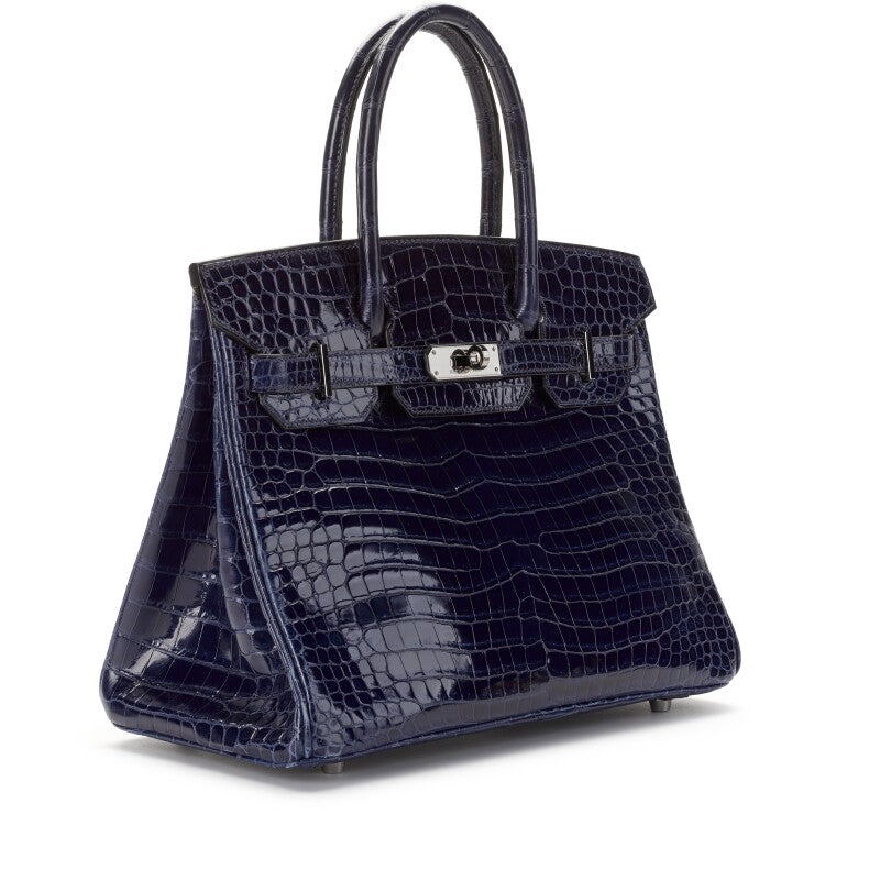 Bleu Marine Shiny Crocodile Porosus Birkin 30 Palladium Hardware, 2002