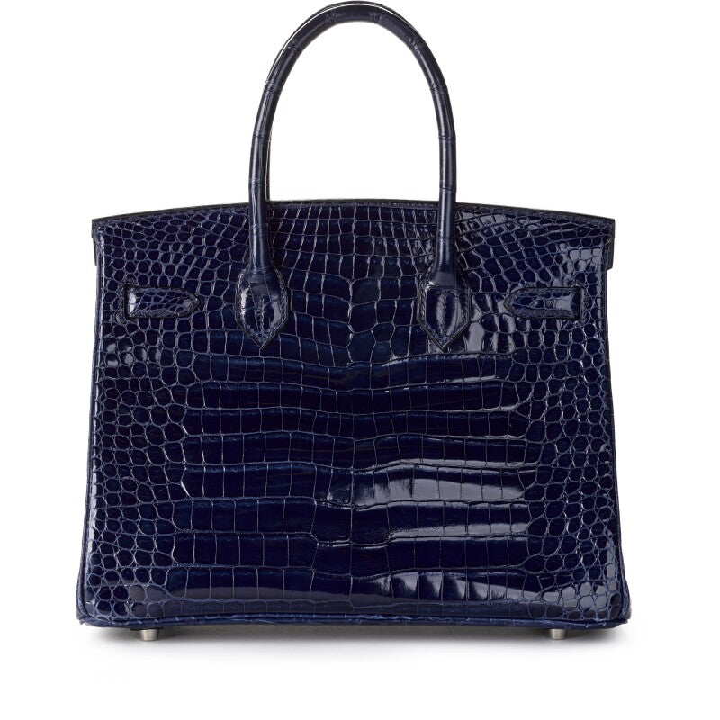 Bleu Marine Shiny Crocodile Porosus Birkin 30 Palladium Hardware, 2002