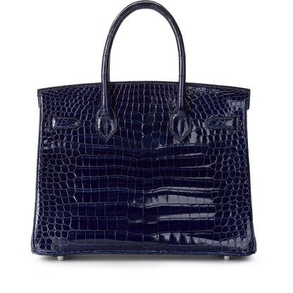 Bleu Marine Shiny Crocodile Porosus Birkin 30 Palladium Hardware, 2002