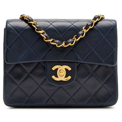 Vintage Navy Blue Quilted Lambskin Mini Square Flap Bag Gold Hardware, 1991-1994