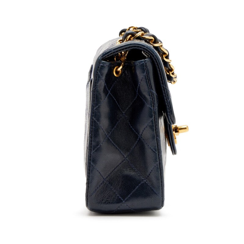 Vintage Navy Blue Quilted Lambskin Mini Square Flap Bag Gold Hardware, 1991-1994