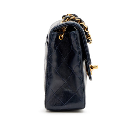 Vintage Navy Blue Quilted Lambskin Mini Square Flap Bag Gold Hardware, 1991-1994