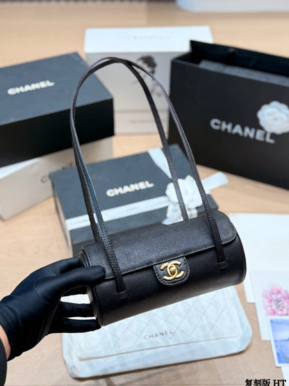 Chanel 26P Black Gold Cylindrical Bag