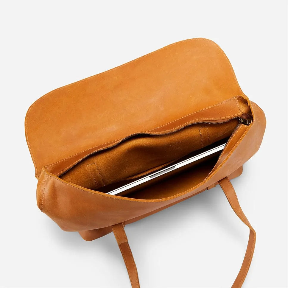 Rust Brown Leather Tote Bag with Laptop & Travel Features - Fold Peaks