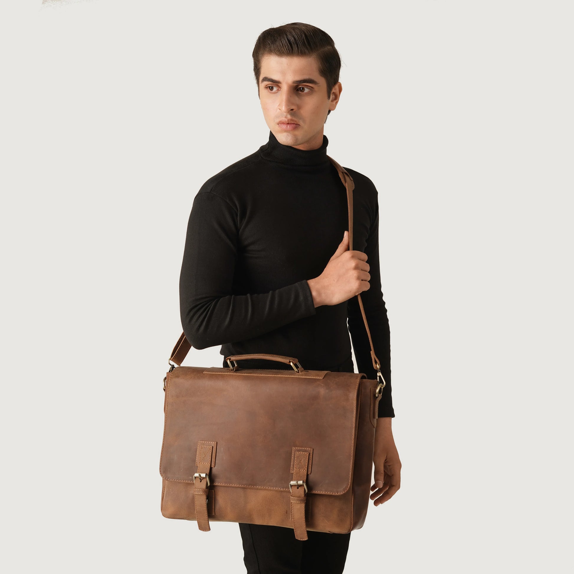 Vintage Tan Leather Messenger Bag with Classic Carry Design - Fold Peaks